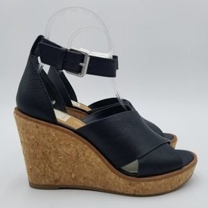 Dolce Vita Urbane Cork Wedge Sandals Leather Black Buckle Strap Women's Size 6.5